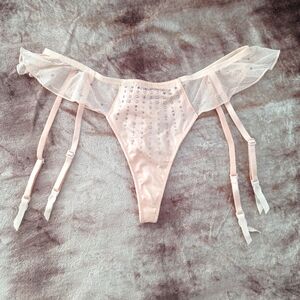 Victoria's Secret Sz Small Thong Garter Belt Peach Pink Rhinestones Ruffles NWT